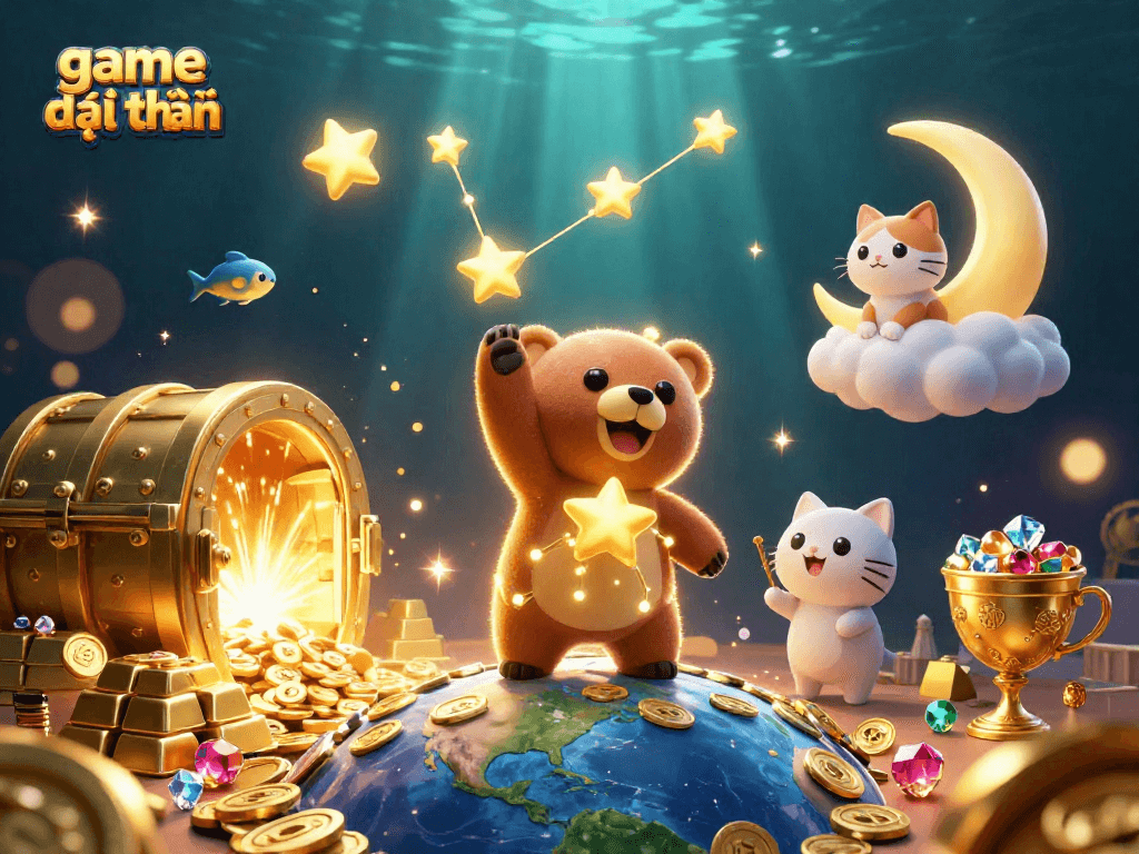 Experience the excitement of game đổi thưởng with vibrant casino-themed characters and treasures.