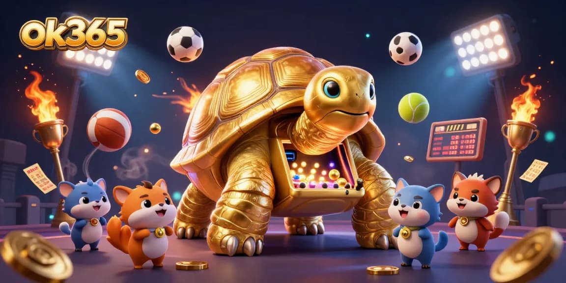Experience excitement at ok365 with a golden tortoise pinball machine surrounded by thrilling sports elements.