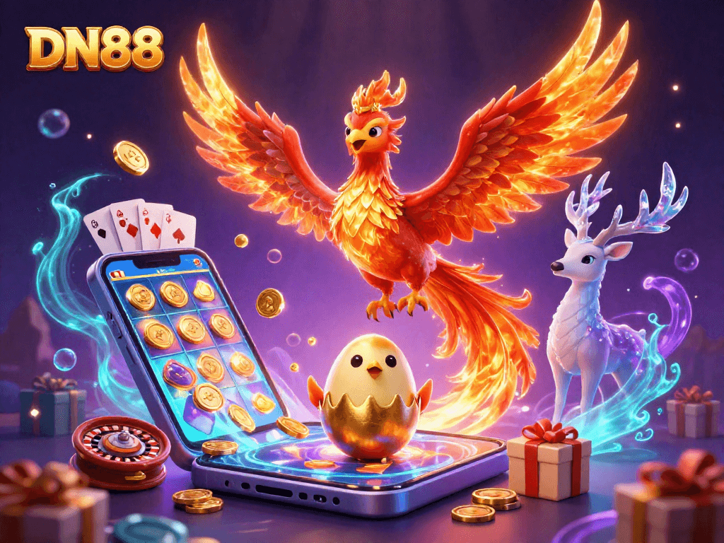 Play thrilling games at DN88 with an exciting dynamic 3D casino illustration showcasing vibrant characters and elements.