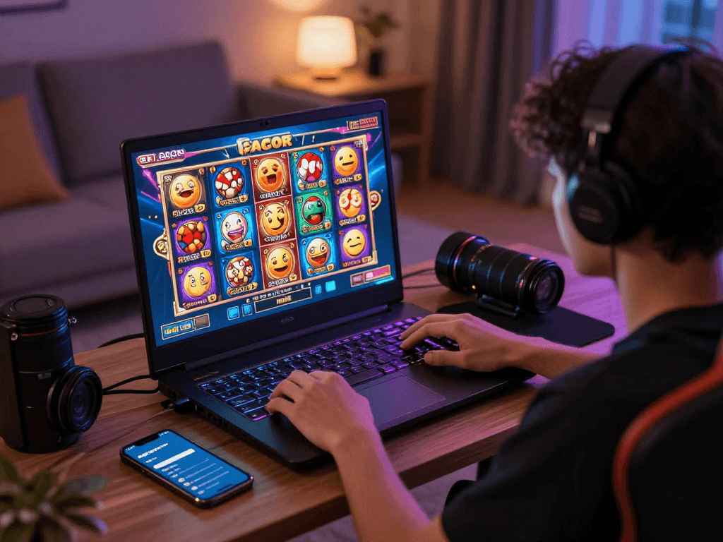 Player enjoying a slot gacor game on a laptop in a modern living room, vibrant graphics and gaming notifications visible.