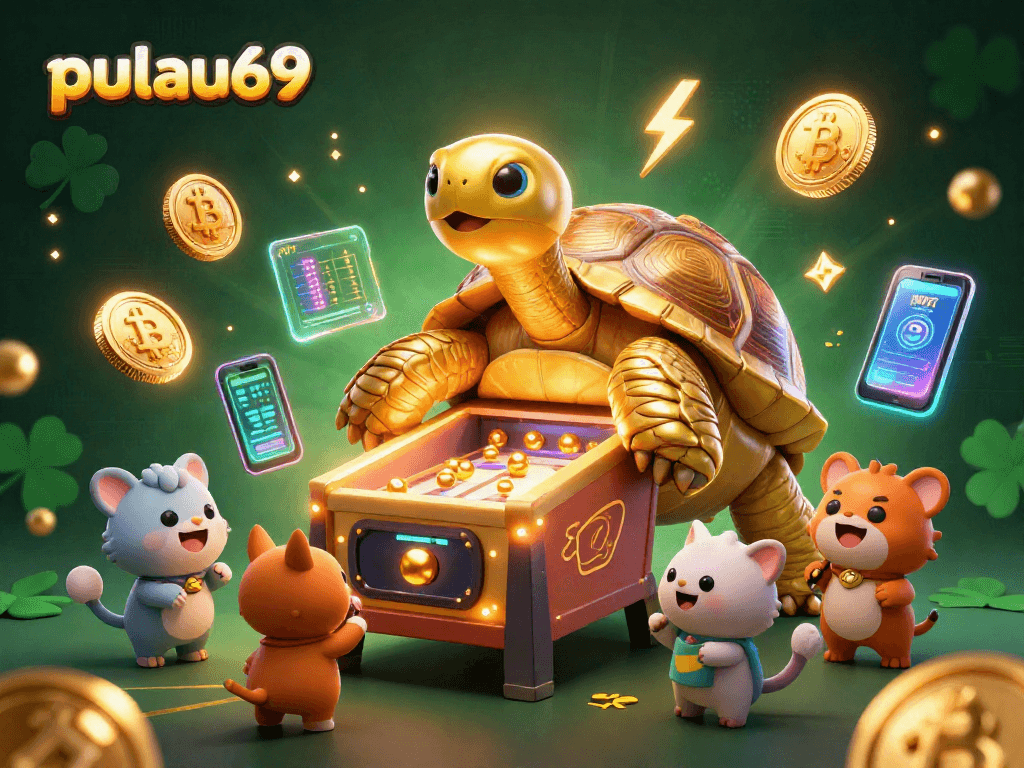 Engage with pulau69's thrilling casino experience, featuring a vibrant pinball tortoise and crypto coins.