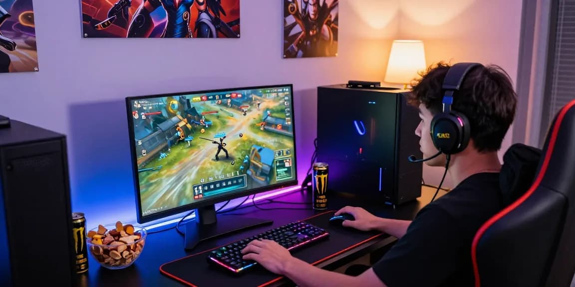 Engaged gamer at vibrant setup on https://f168.games/ with RGB lights, headset, and colorful snacks.