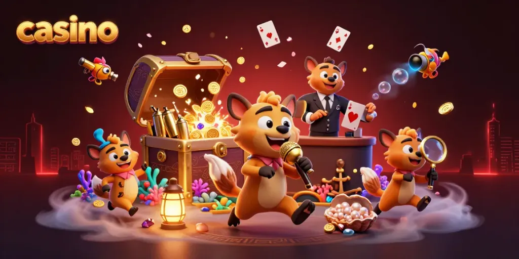 Enjoy a vibrant casino scene with hyenas performing in a comedy club atmosphere full of game elements.