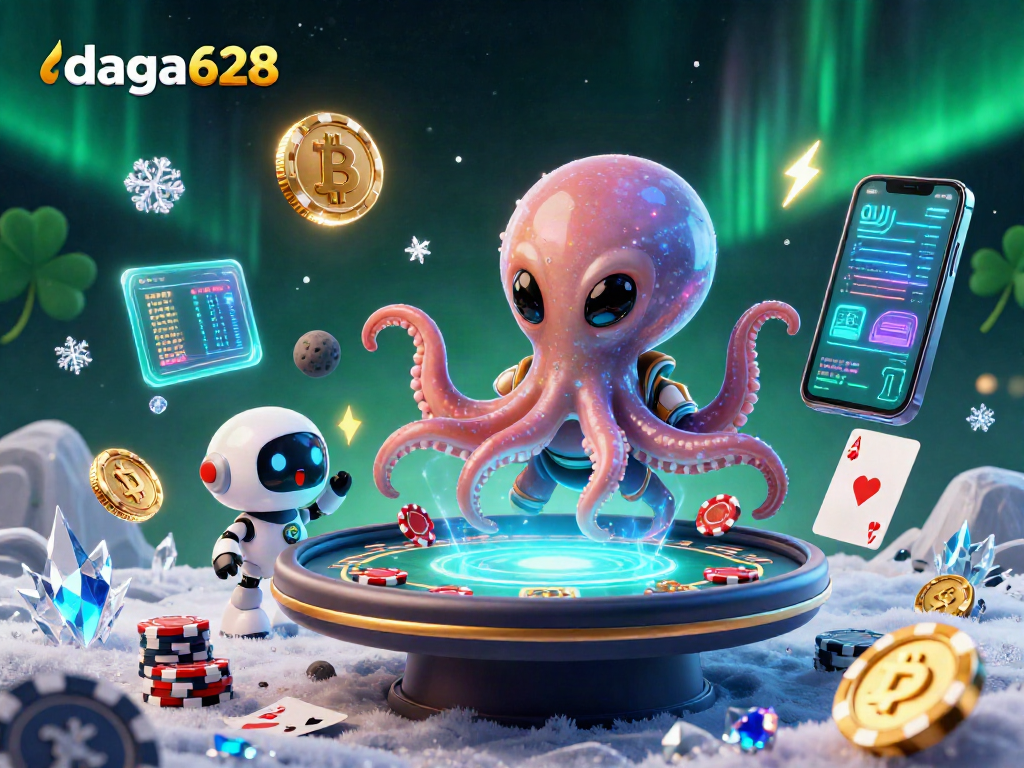 Dive into the thrilling action at daga628 with 3D visualizations of poker and cryptocurrency elements in an engaging digital scene.