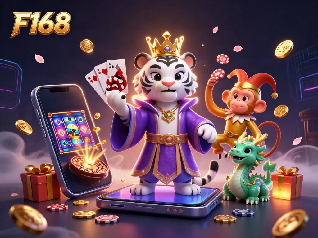 Action-packed F168 illustration showing a royal tiger, jester monkey, and magical dragon amidst casino games.