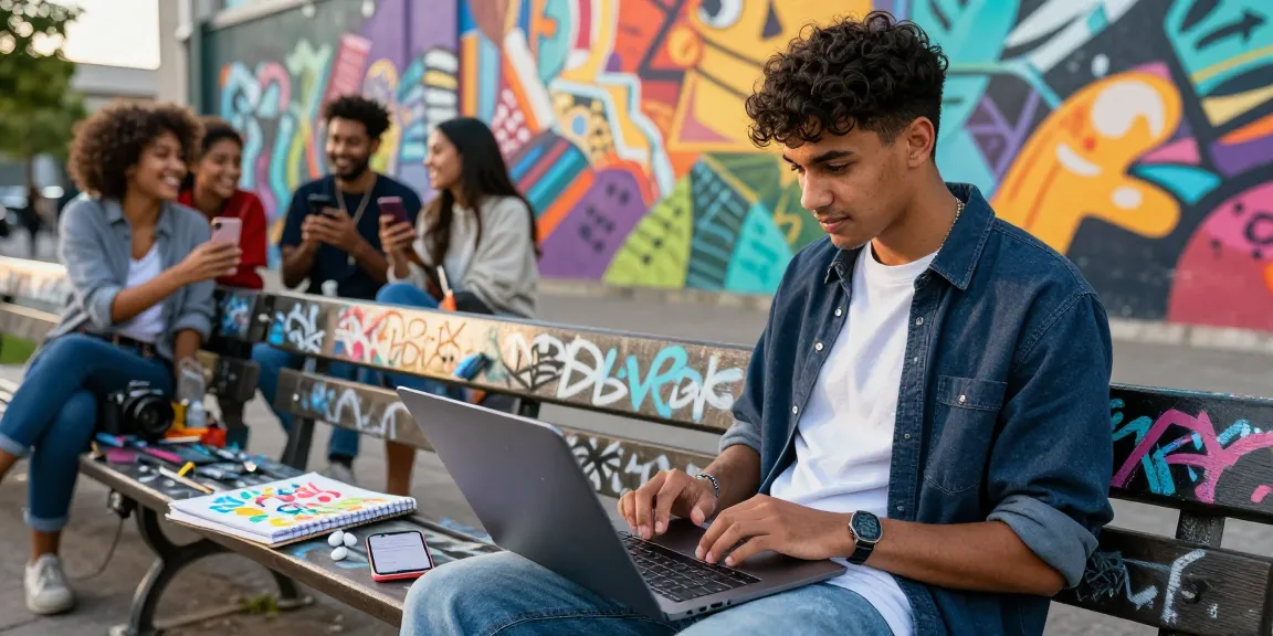 Content creator at urban park with laptop, embodying seanbowieforaz lifestyle and creativity.