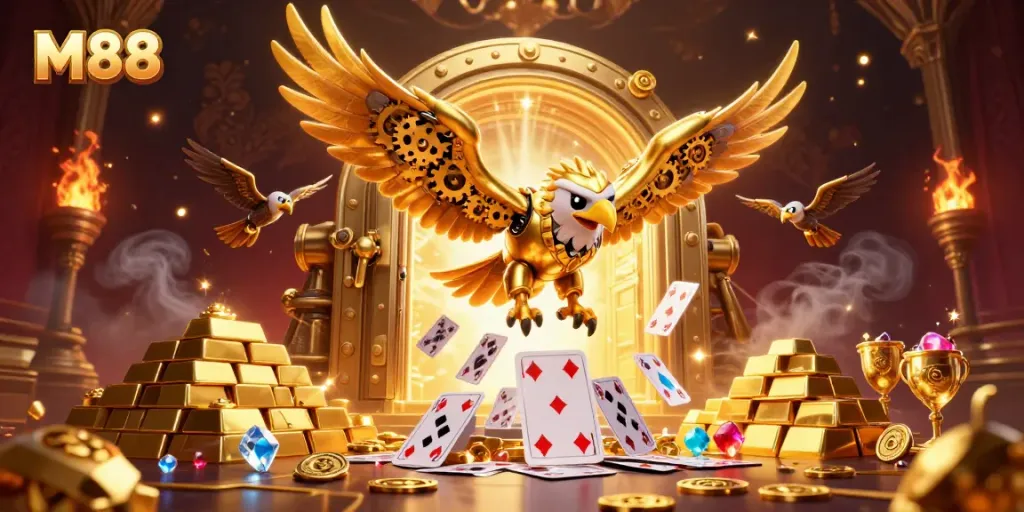 M88 online casino visualizes winning moments with golden eagle, treasure vault, and rich gaming elements.