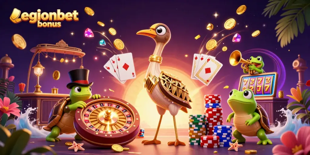 Engage with the exciting legionbet bonus, showcasing vibrant casino characters in a dynamic gaming scene.