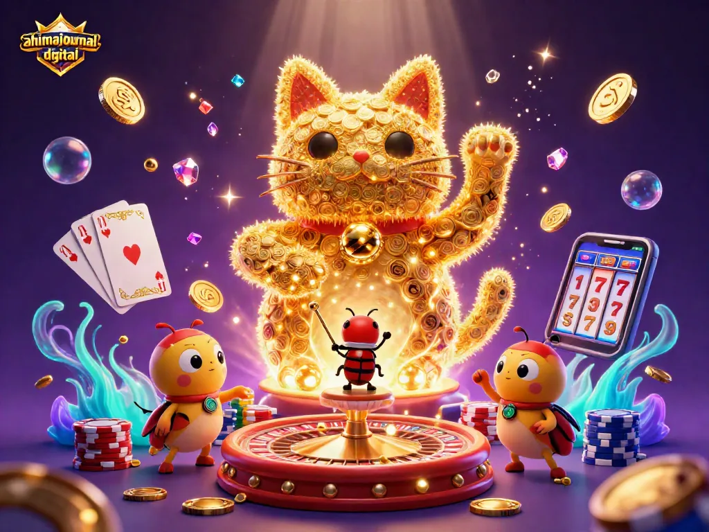 Experience exciting wins with ahimajournal-digital in a vibrant casino-themed illustration featuring lucky symbols.