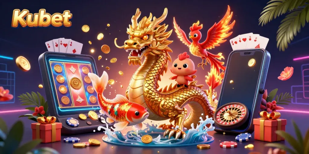 Kubet immerses players with a fierce golden dragon, red phoenix, and koi fish, surrounded by vibrant slot game elements.