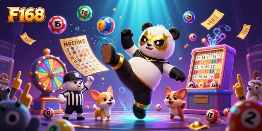 Experience thrilling gaming action with the F168 Panda wrestler in a dynamic gambling scene.