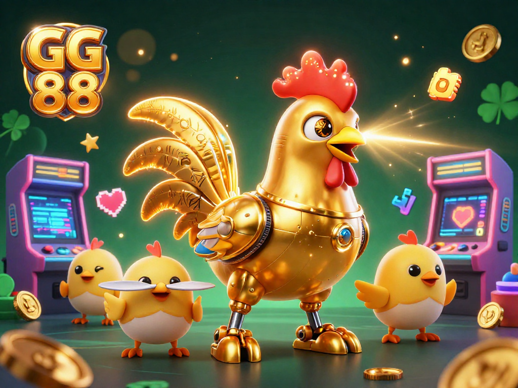 Engage in GG 88's dynamic casino gaming with a futuristic golden rooster robot and baby chick drones.