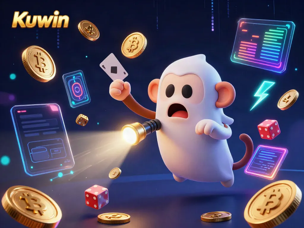 Kuwin showcasing a lively haunted casino scene with a ghost-hunter puppy tracking a playful monkey juggling gold.