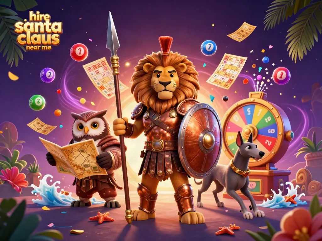 Engage in the spirit of the season with a vibrant illustration depicting the enchanting theme of hiring a Santa Claus near me, alongside festive gambling elements.