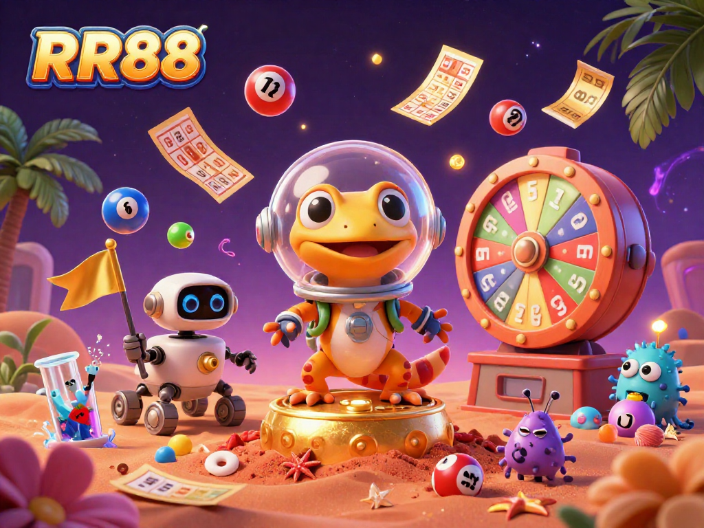 RR88 offers a vibrant gambling atmosphere with Martian geckos discovering a golden casino surrounded by excitement.