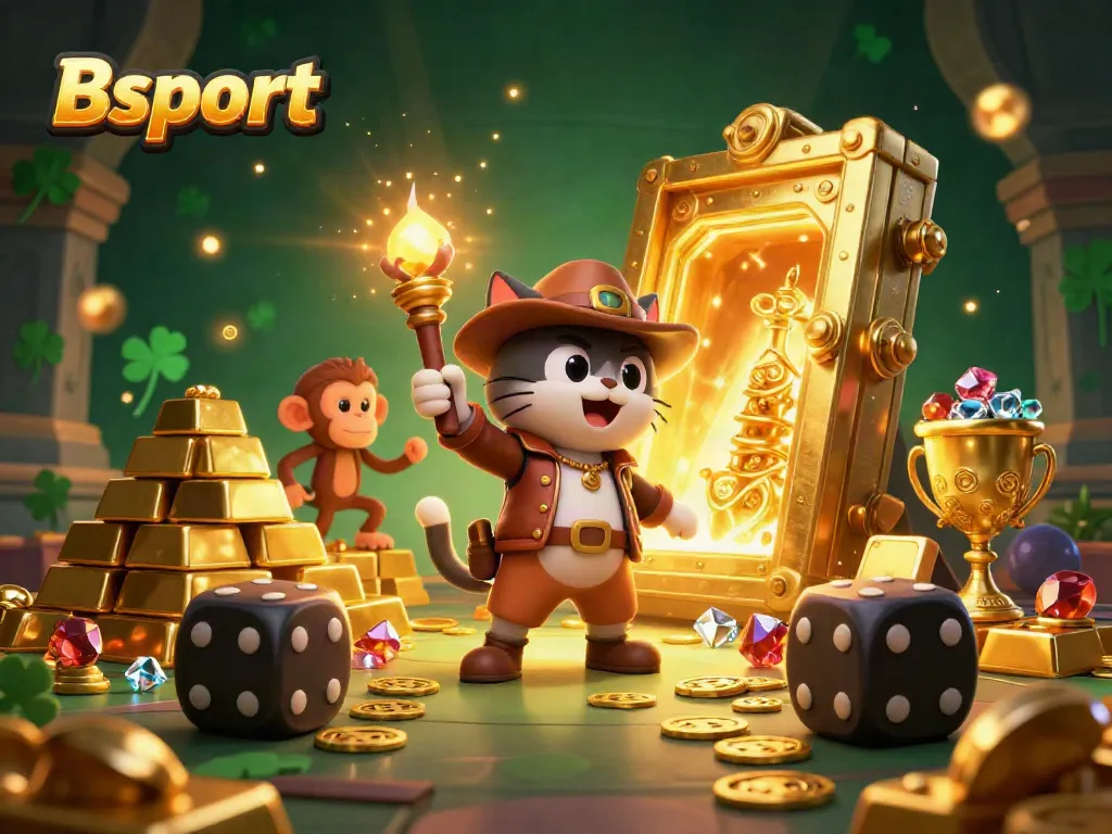 Experience the thrill of gambling with Bsport as an explorer cat uncovers golden treasures in a vibrant temple.