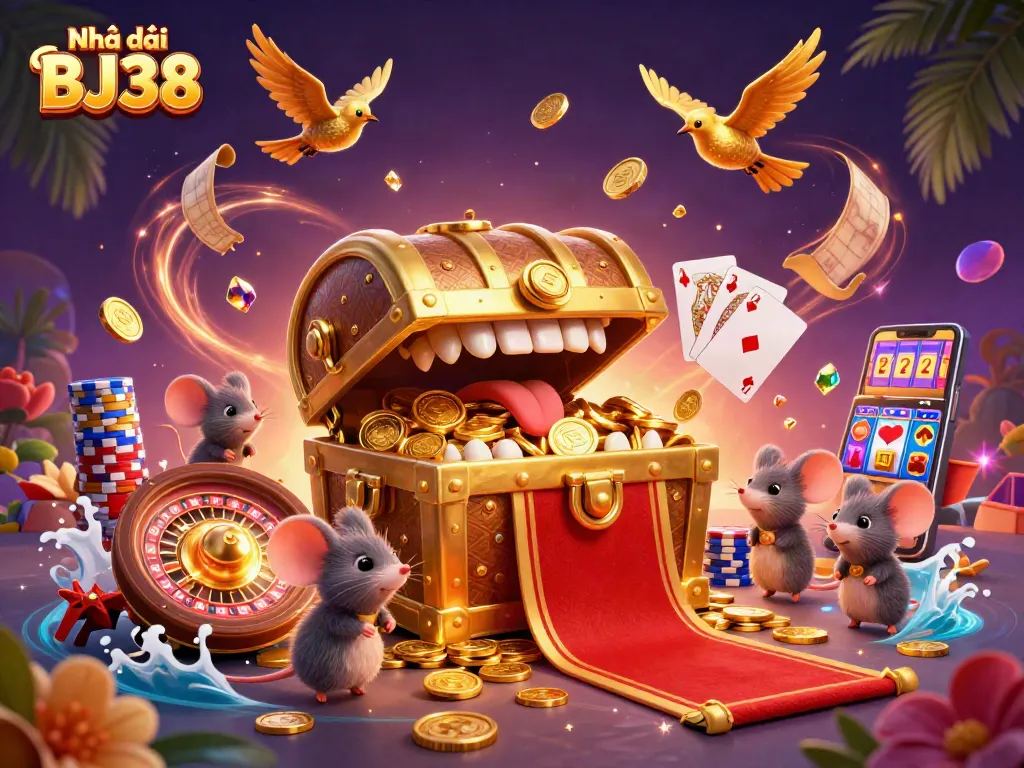 Engage with Nhà cái BJ38's vibrant casino world featuring dynamic treasure scenes and colorful gaming elements.