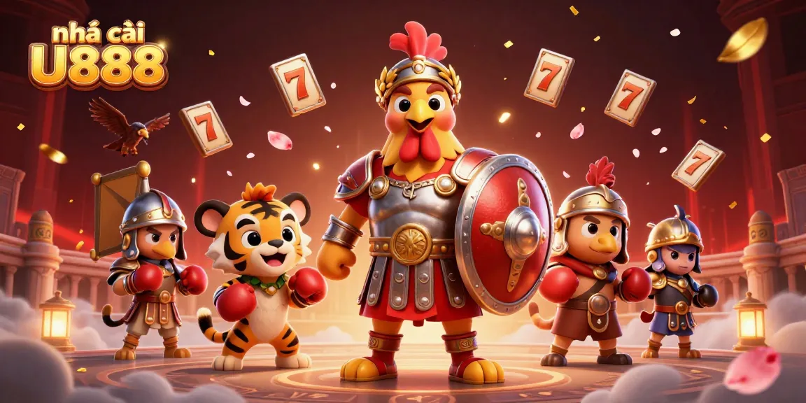 Engage with nhà cái U888 in a dynamic casino scene featuring a gladiator rooster, tiger cub, and festive elements.