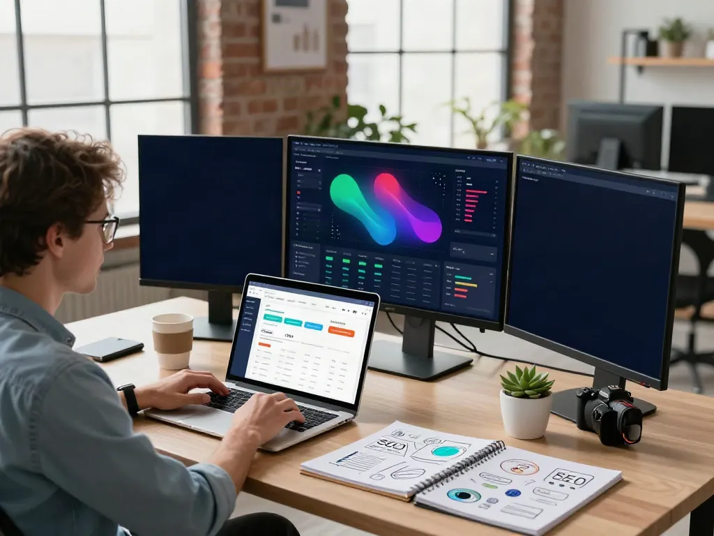 Marketer analyzing instant indexing data in a modern digital workspace.