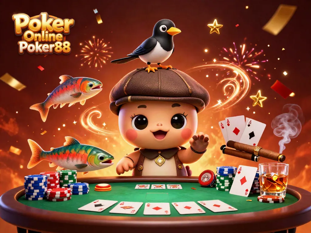 Experience thrilling Poker Online Poker88 action with playful characters at a colorful gaming table.