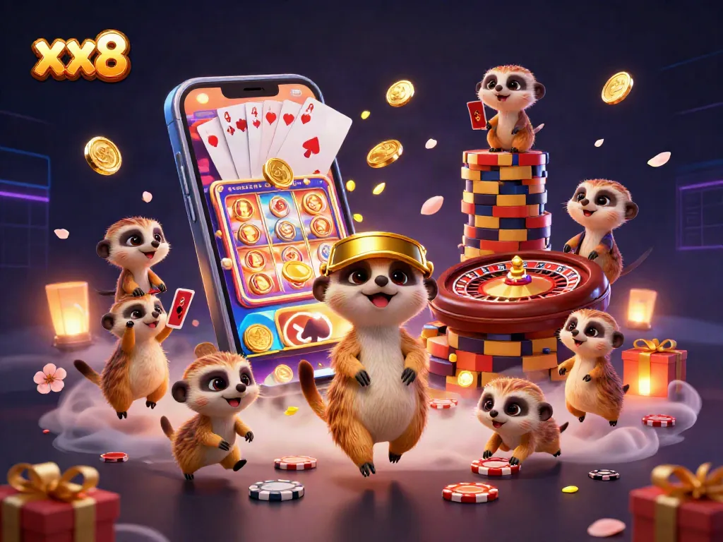xx8 meerkats orchestrating a vibrant casino scene with slots, chips, and golden coins.