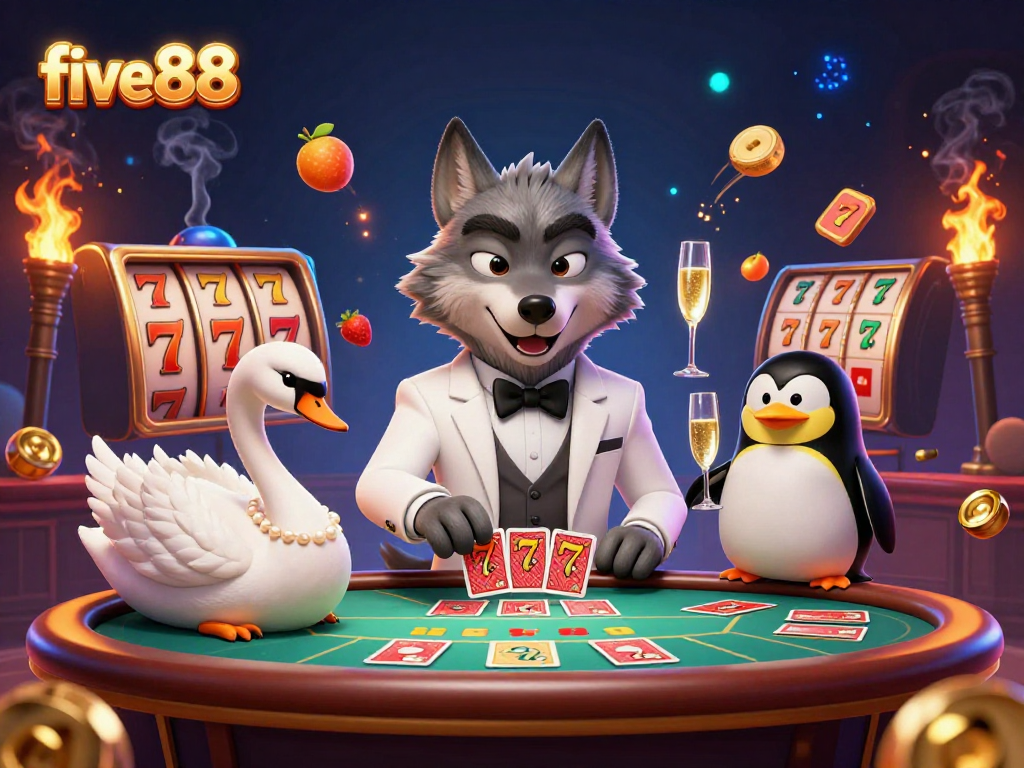 Experience excitement with five88 as the wolf plays baccarat, while a swan deals cards and a penguin serves champagne.