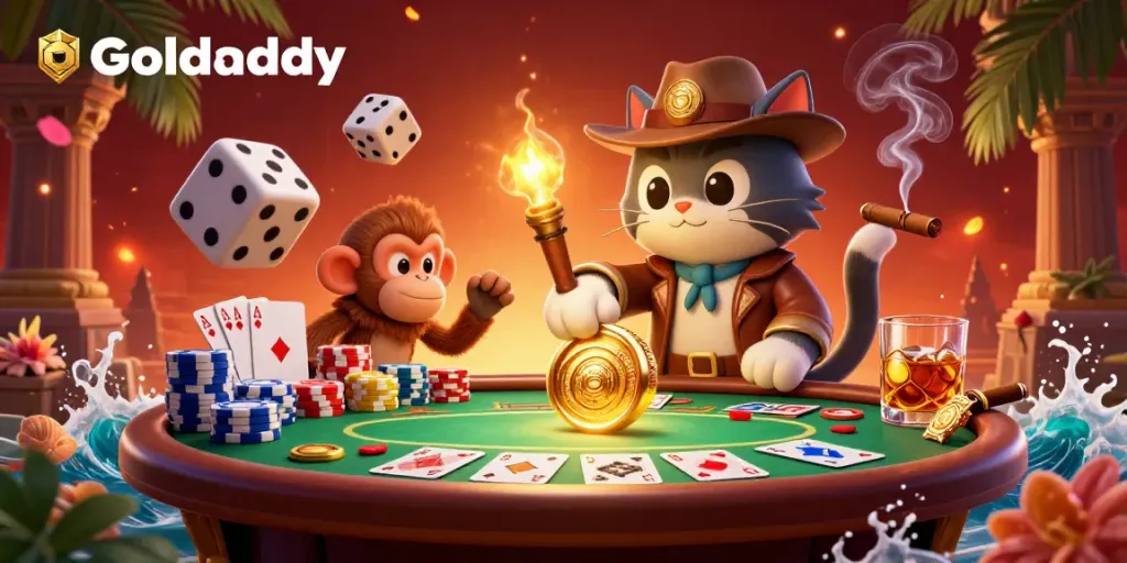 Experience Goaldaddy's casino adventure with a cat archaeologist discovering artifacts and poker elements.