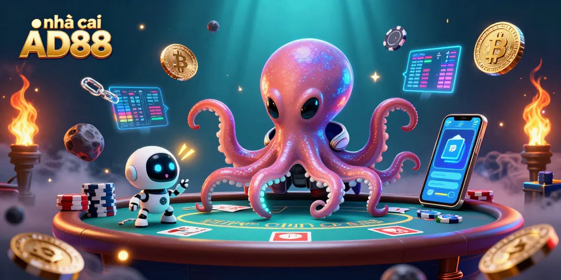 Join the fun at nhà cái AD88 with a vibrant alien poker scene featuring a holographic table and crypto elements