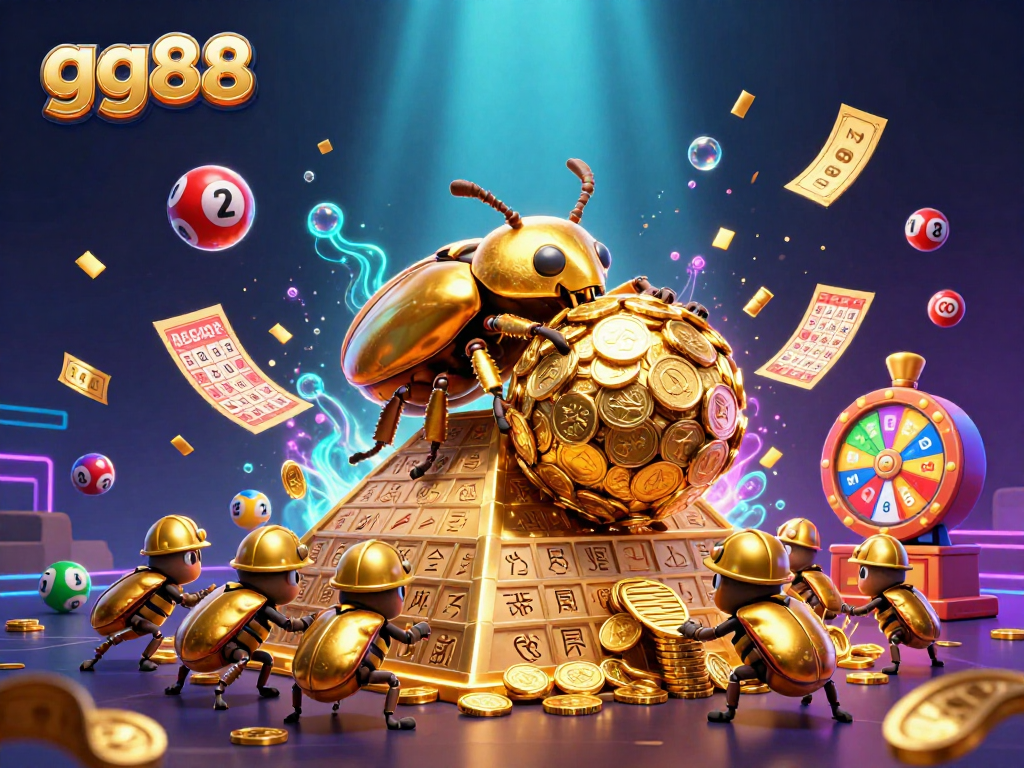 Engage with gg88 as a golden dung beetle rolls a giant coin ball at a vibrant online lottery scene!