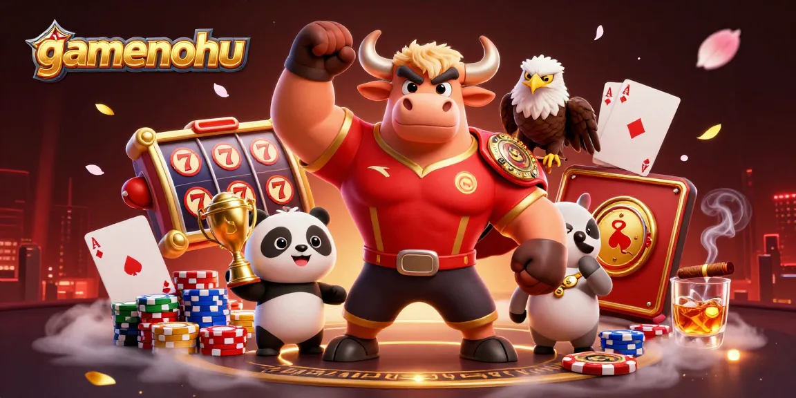 Engage with gamenohu's vibrant slots scene featuring a joyful bull, eagle, and panda amidst rich game elements.