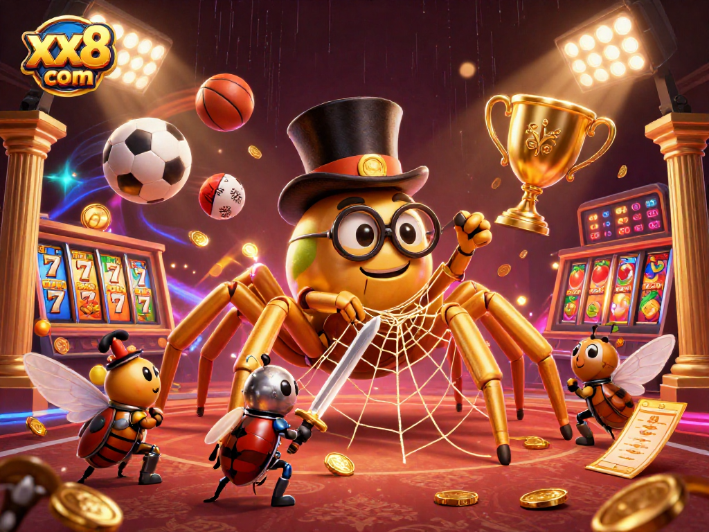 Engage with exciting elements at xx8 com featuring a golden tarantula and sports themes.