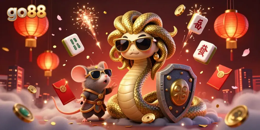 Celebrate wins at the go88 casino with Medusa and a warrior mouse amid festive decorations.