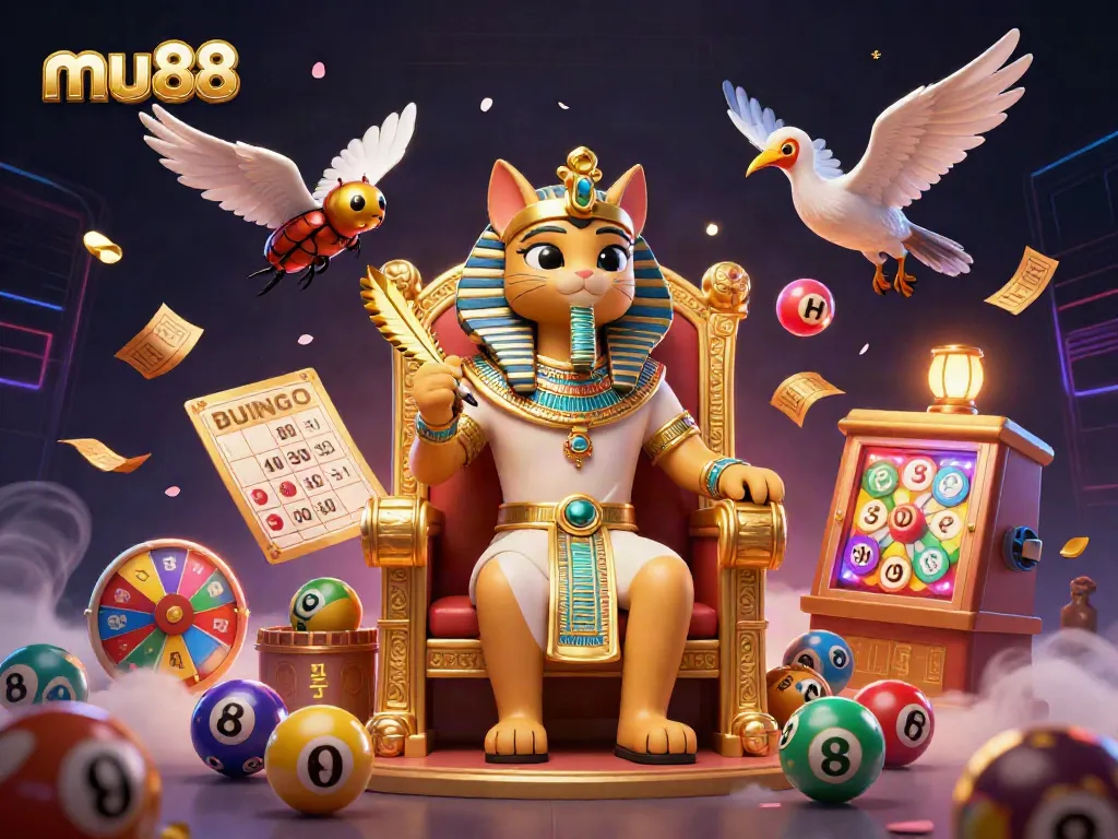 Experience mu88 with an energetic illustration of Egyptian pharaoh cat and gaming elements.