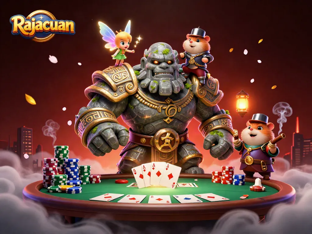 Engage in thrilling gameplay with Rajacuan at this vibrant, lively casino scene featuring a magic golem and fairy.