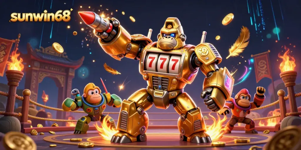 Engage with sunwin68's thrilling slots, featuring a golden gorilla mech and dynamic casino elements.