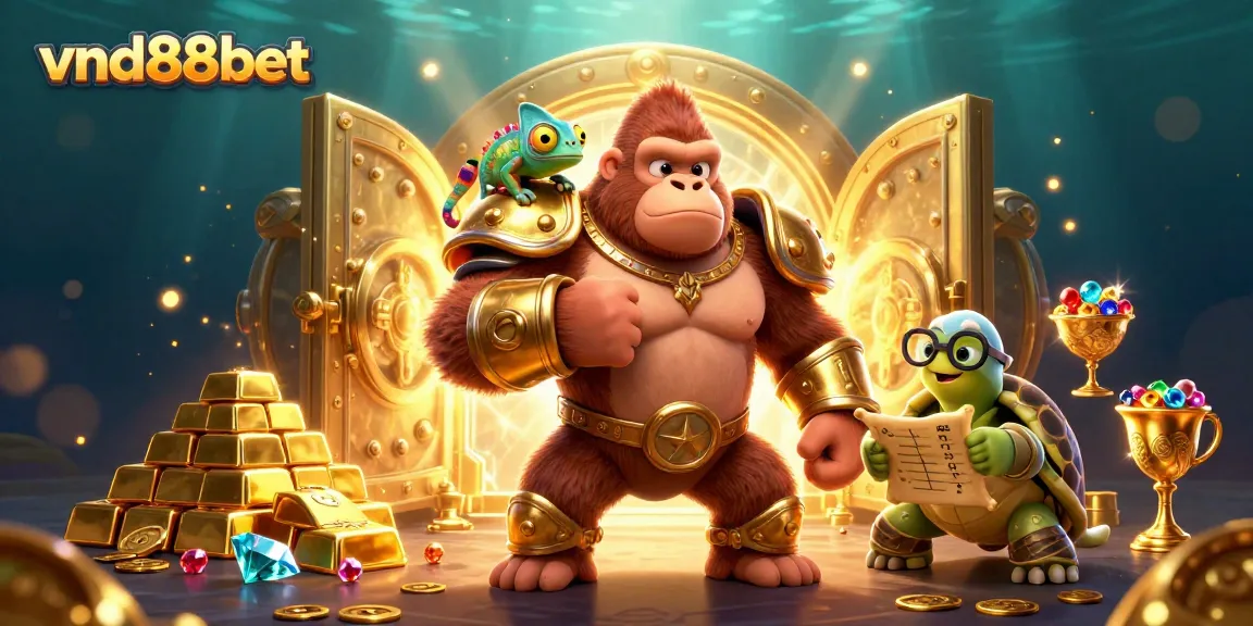vnd88bet engaging players with a 3D gorilla, chameleon, and tortoise in a vibrant treasure scene.