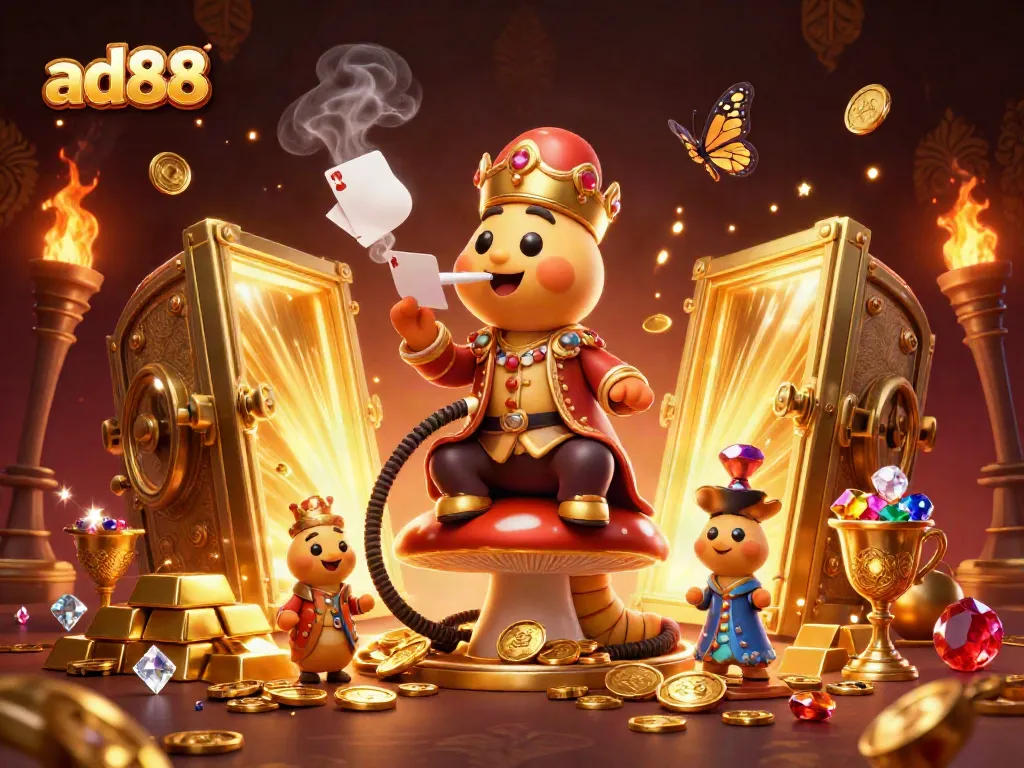 Experience the playful world of ad88 with a whimsical caterpillar master in this vibrant casino scene.