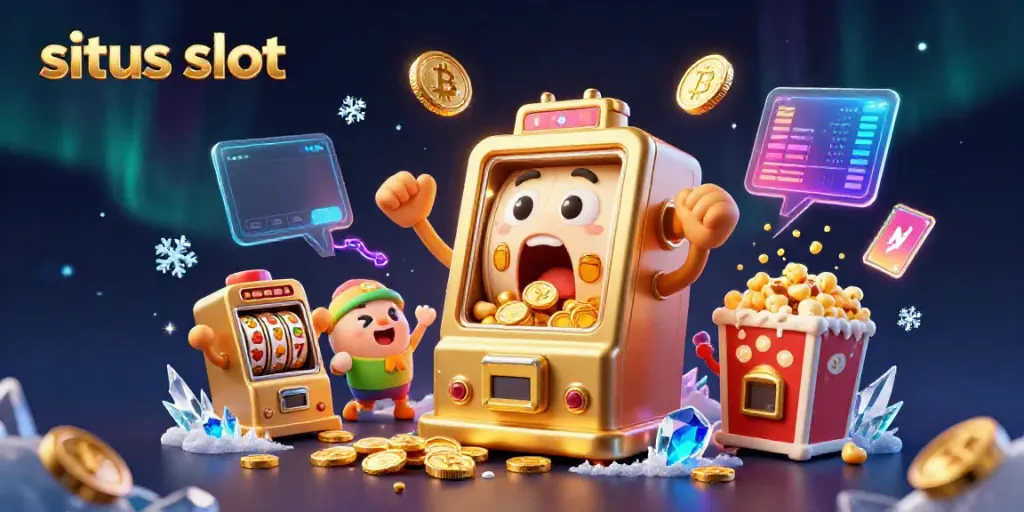 Mesin slot bermain situs slot, jackpot mengeluarkan koin emas dengan latar belakang cerah.