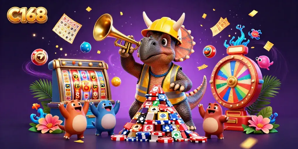 Experience the excitement of C168 with a cheery triceratops building poker chip pyramids and celebratory elements in this vibrant scene.