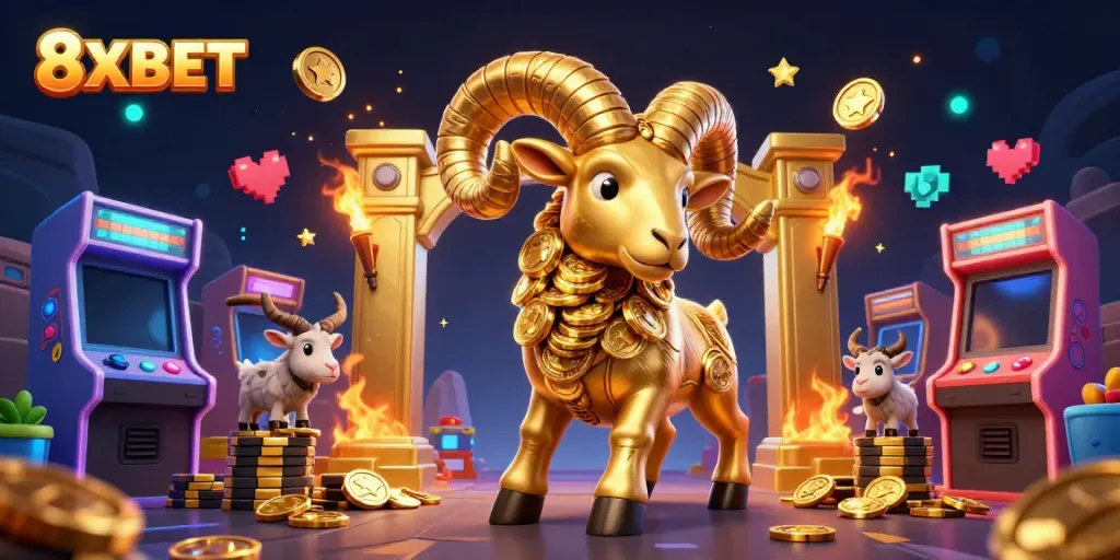 Experience the excitement of 8XBET with a golden ram charging through a vibrant casino scene.