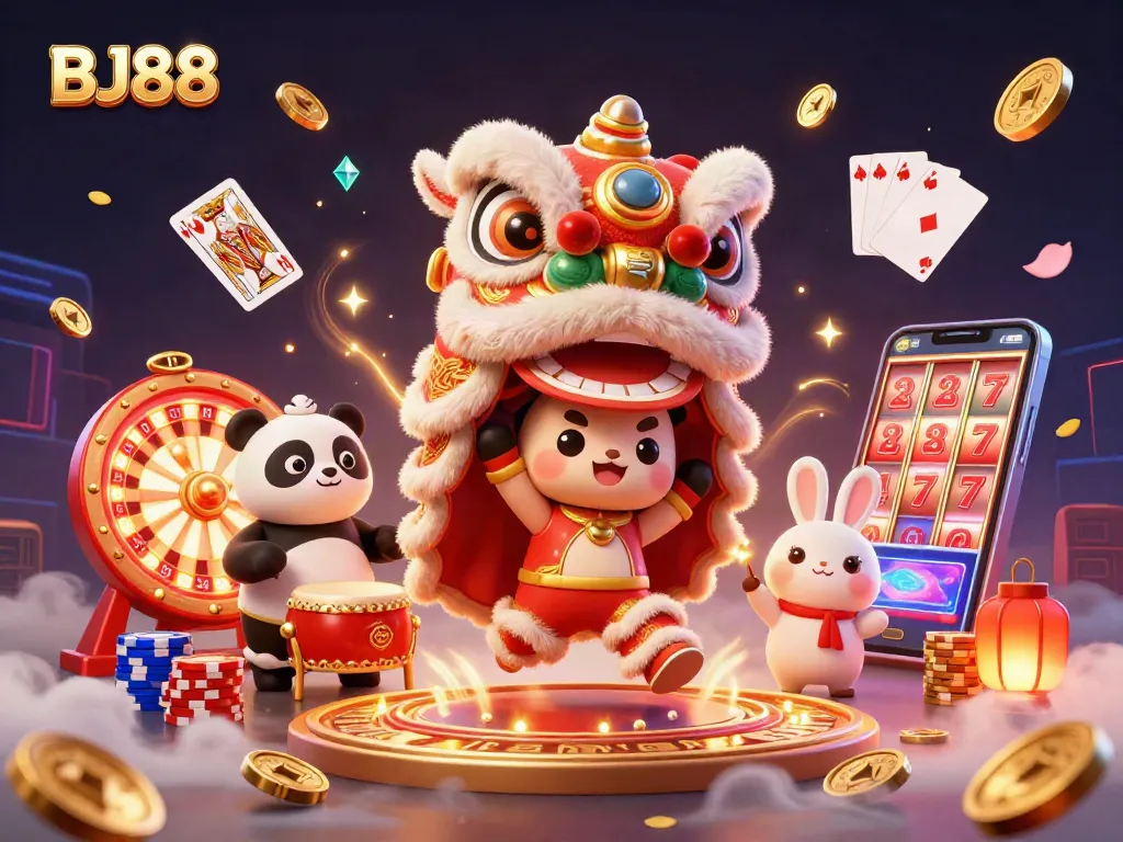 Experience the excitement of BJ88 with a vibrant lion dance and thrilling casino elements.