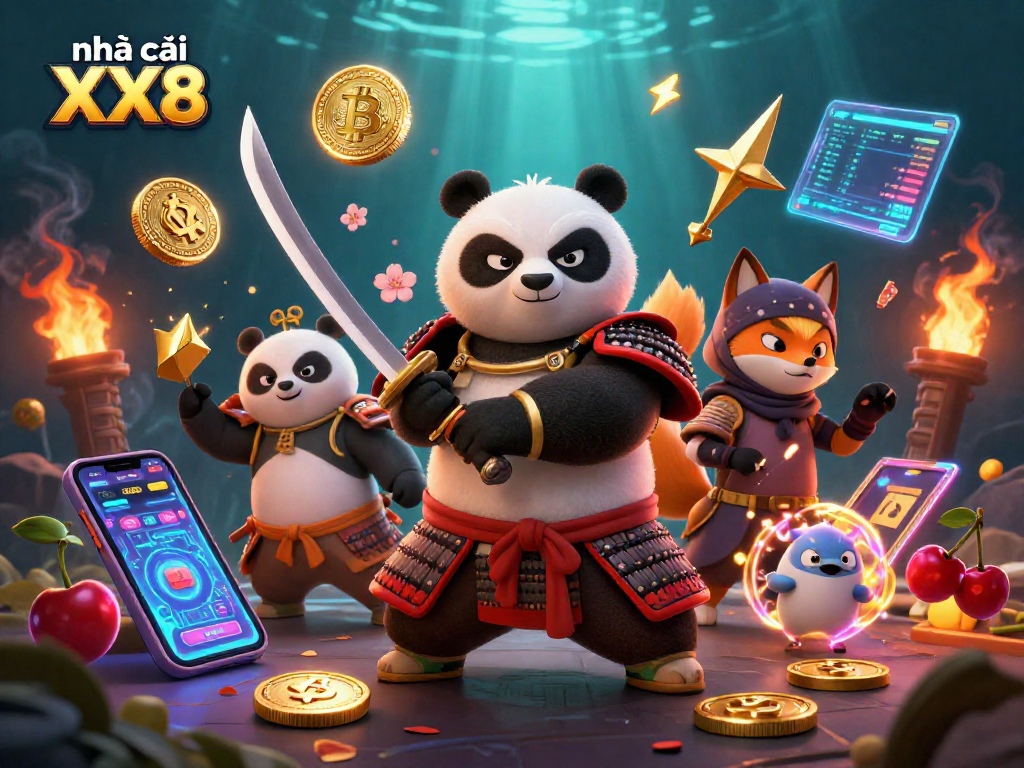 Experience the excitement of nhà cái XX8 with a vibrant 3D scene featuring samurai panda and ninja fox!