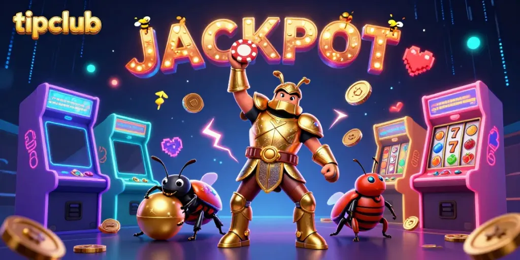 Engage in the fun at tipclub with a victorious beetle and vibrant gaming elements illustrating a jackpot celebration.