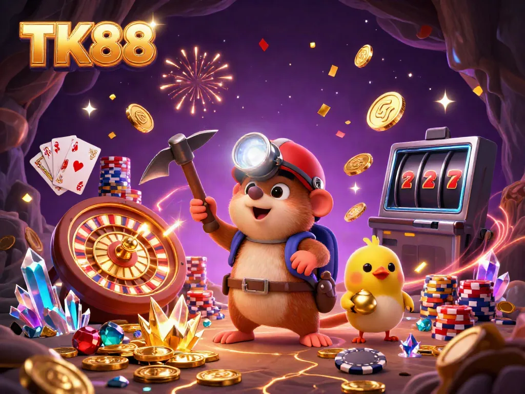 Join the treasure hunter in TK88 casino mining for gold and gems while enjoying exciting games like roulette and poker.