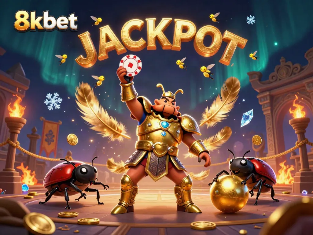 8xbet victory: Hercules beetle lifts a poker chip as fireflies spell JACKPOT, illustrating winning moments in gaming.