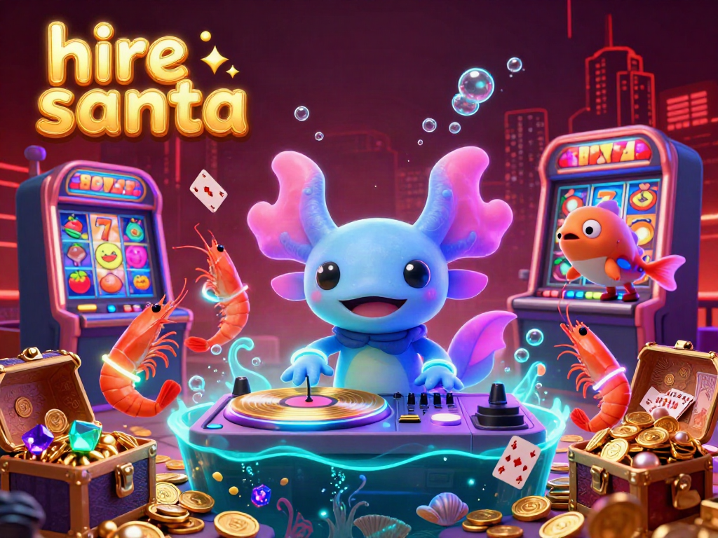 Hire Santa in an exciting casino scene with a DJ and vibrant slot machines.