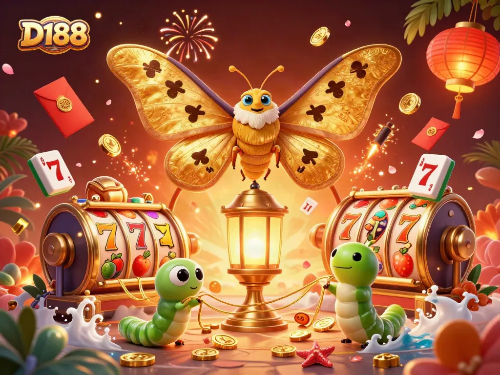 D188 catches fortune as a vibrant 3D casino scene reveals slot reels, golden symbols, and festive fireworks.