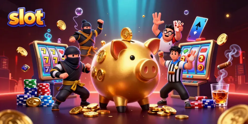 Engage with this vibrant slot-themed 3D illustration featuring dynamic characters and casino elements.