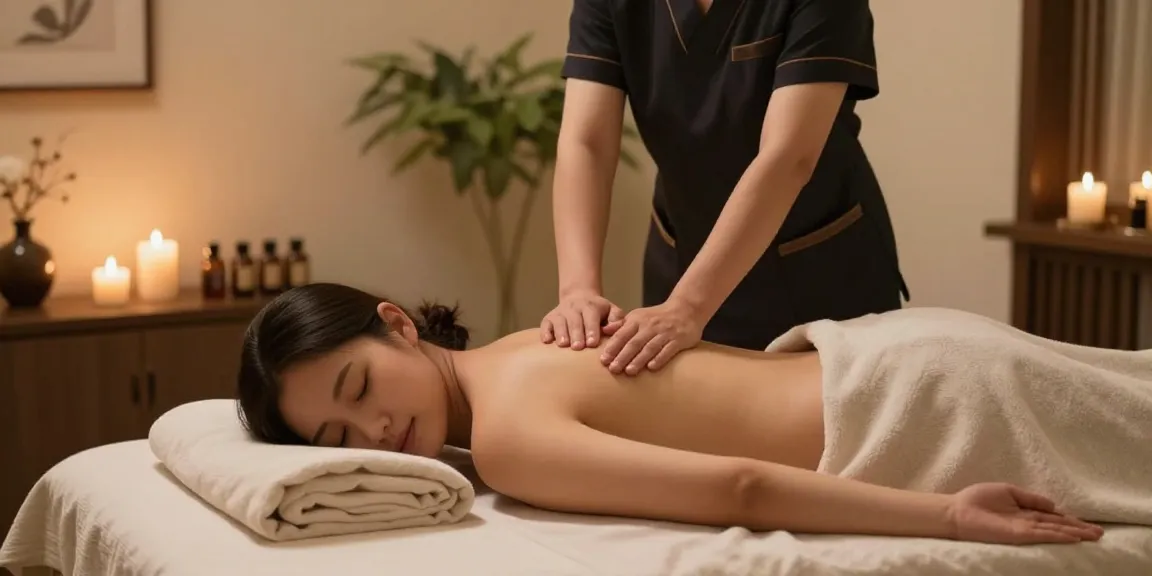 마포출장안마 service in a serene ambiance with professional massage therapist, calming environment, and soothing elements.