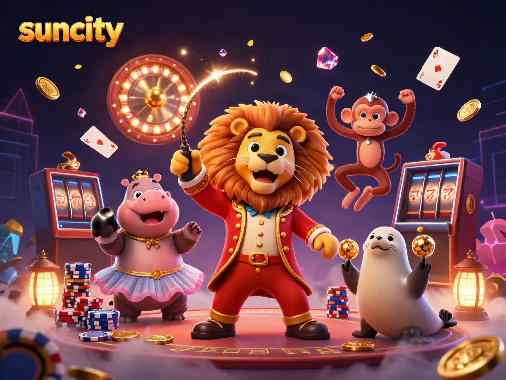 Engage in the exciting world of gambling with Suncity's vibrant casino scene featuring a lively lion, hippo, and more.